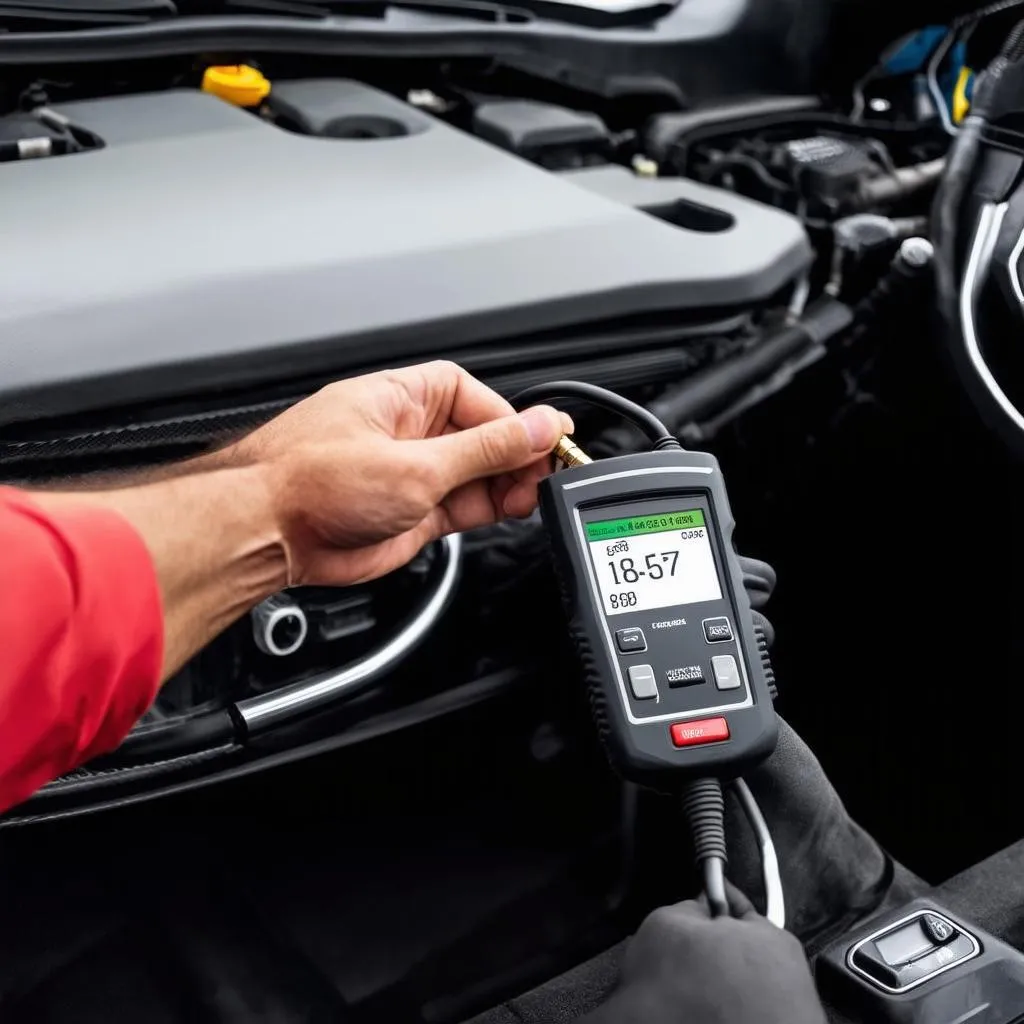 A mechanic is connecting a VAG-COM cable to a 2013 Audi A7's OBD-II port.