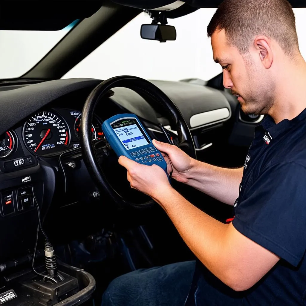 Mechanic using an Audi VCDS Scan Tool