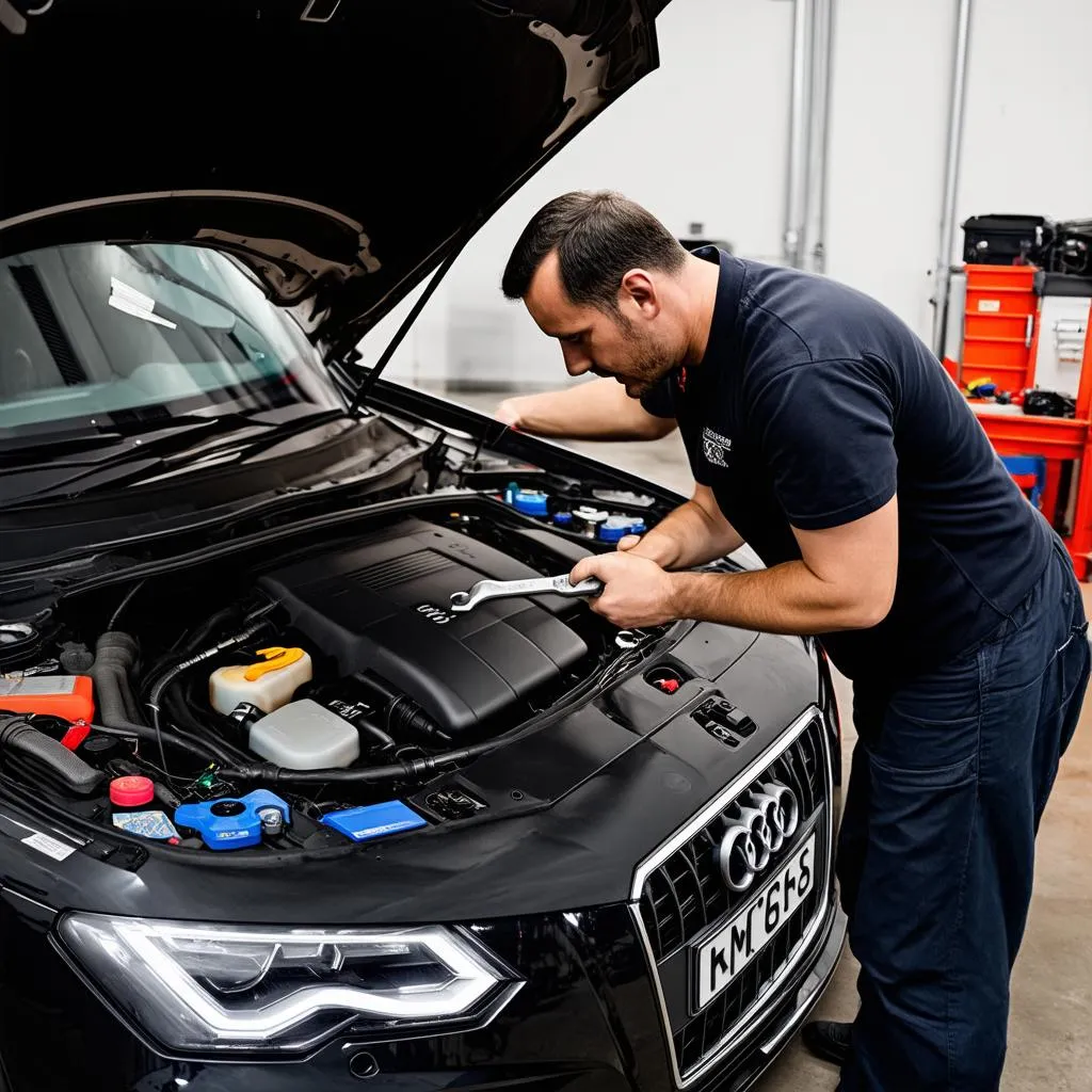 Experienced mechanic working on an Audi engine