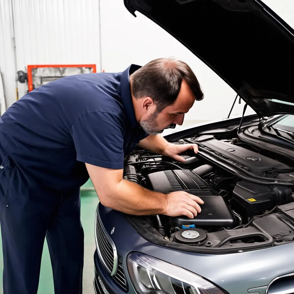 Expert Mechanic Examining a Mercedes Engine