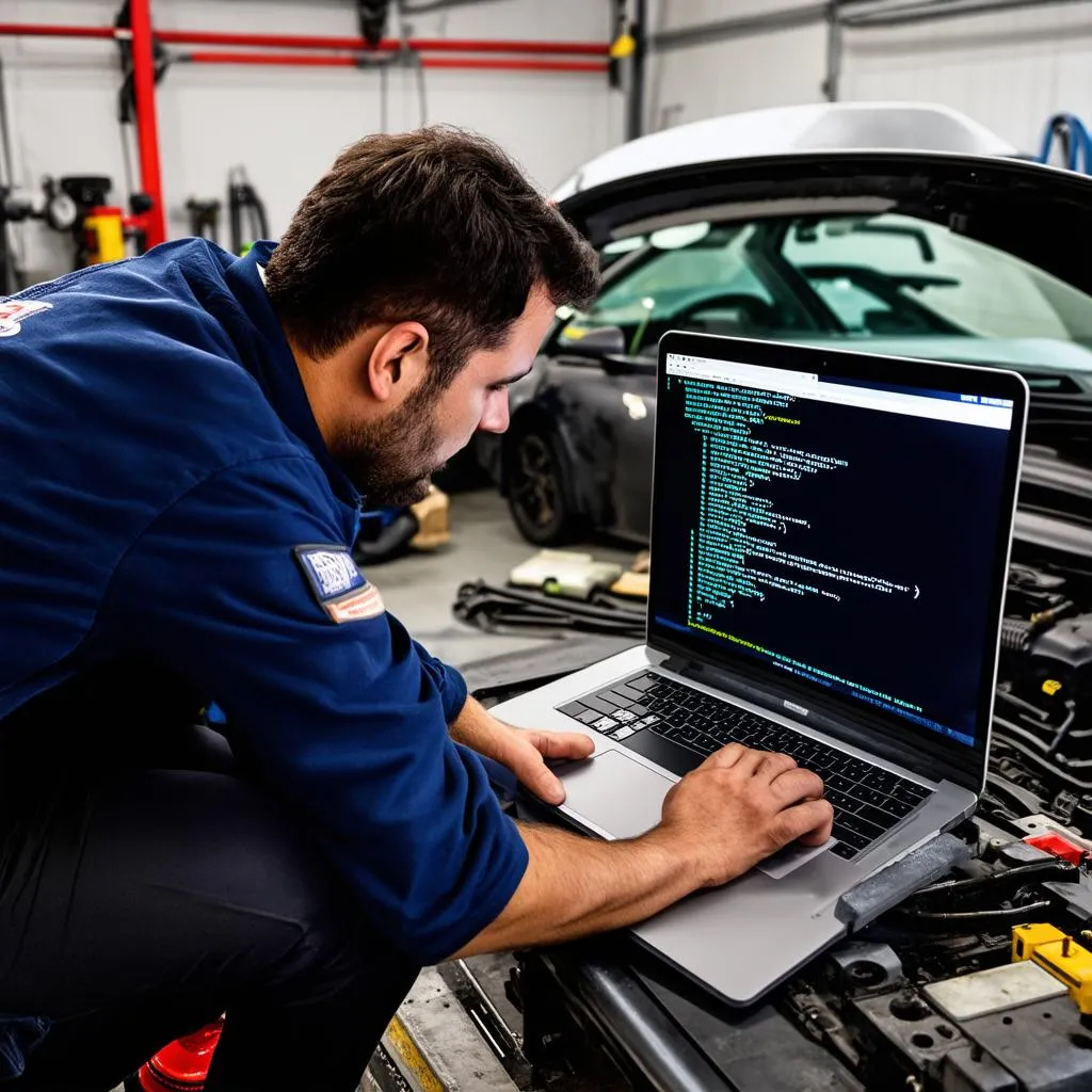 Frustrated Mechanic Looking at Laptop Screen