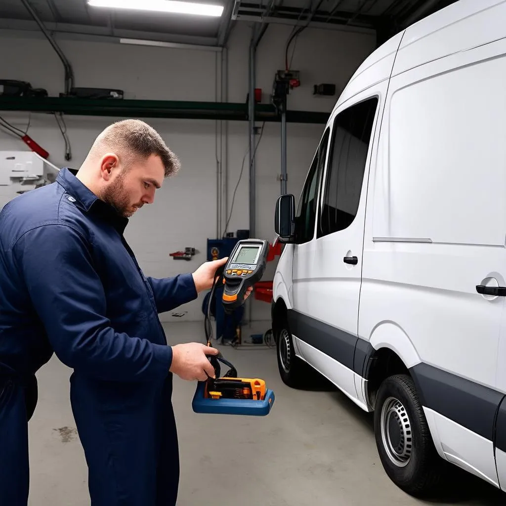 Mechanic using a diagnostic scanner