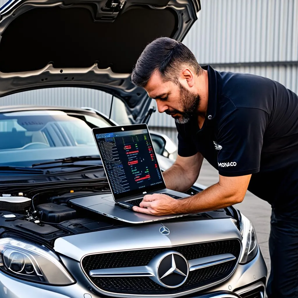 Mechanic diagnosing a Mercedes with Monaco