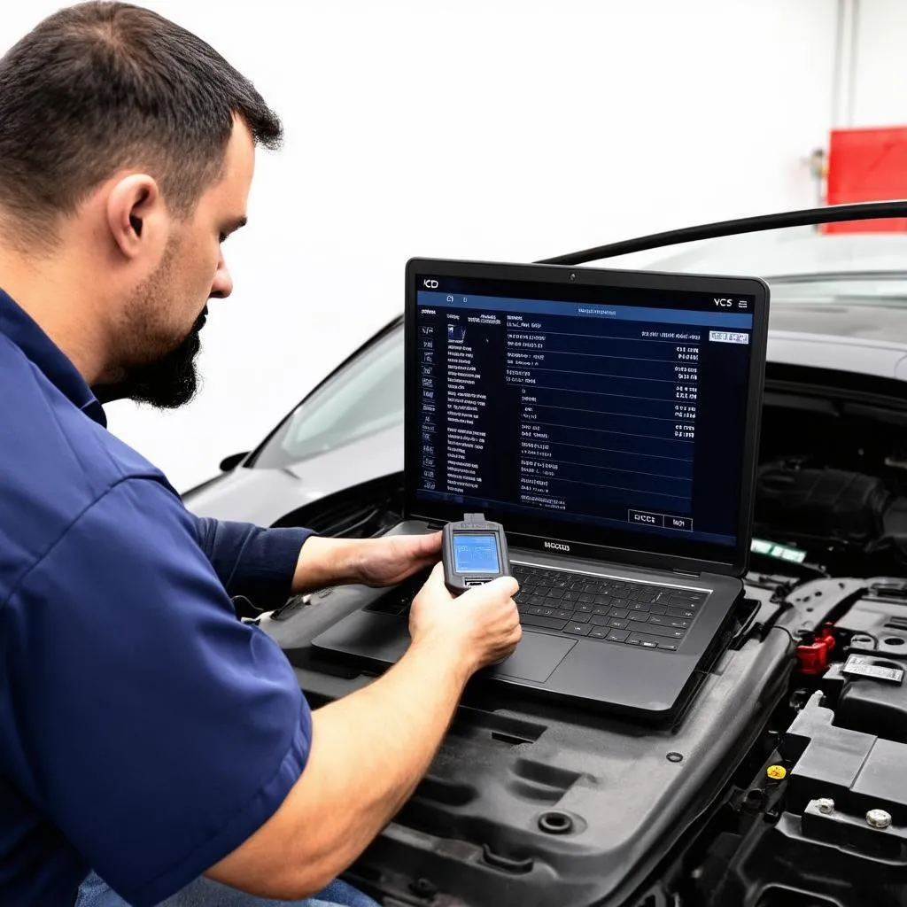 Mechanic diagnosing a car with VCDS