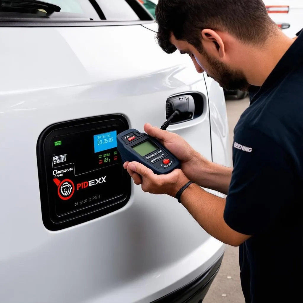 Mechanic connecting a diagnostic tool to a car's OBD-II port