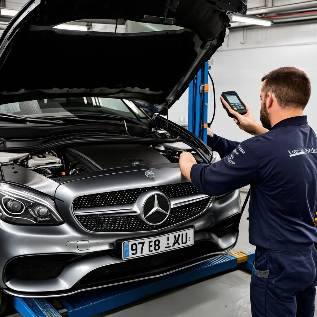 Mechanic using a diagnostic tool on a Mercedes-Benz car