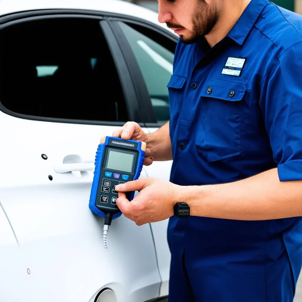 Mechanic plugging in a diagnostic tool on a car