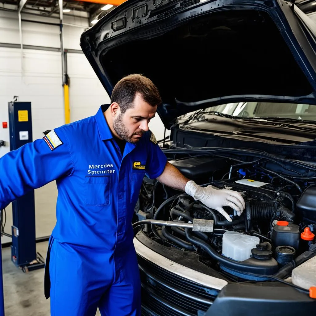 Mechanic using specialized tools to work on a Mercedes Sprinter engine.