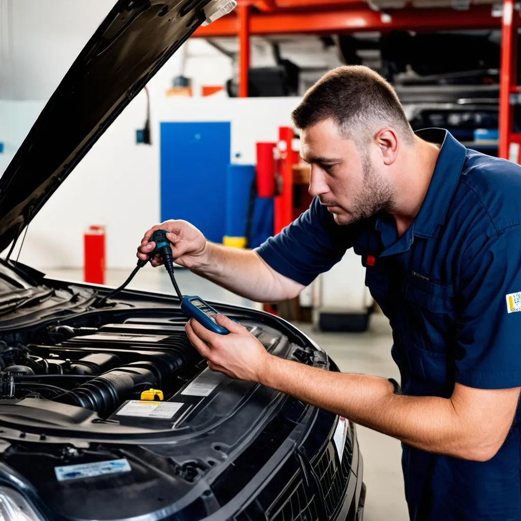 Mechanic using a diagnostic tool on a car engine