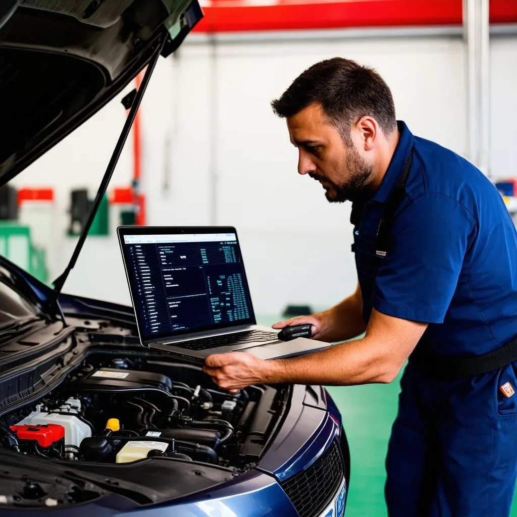 A mechanic in a repair shop working on a car, looking at a computer screen displaying diagnostic information