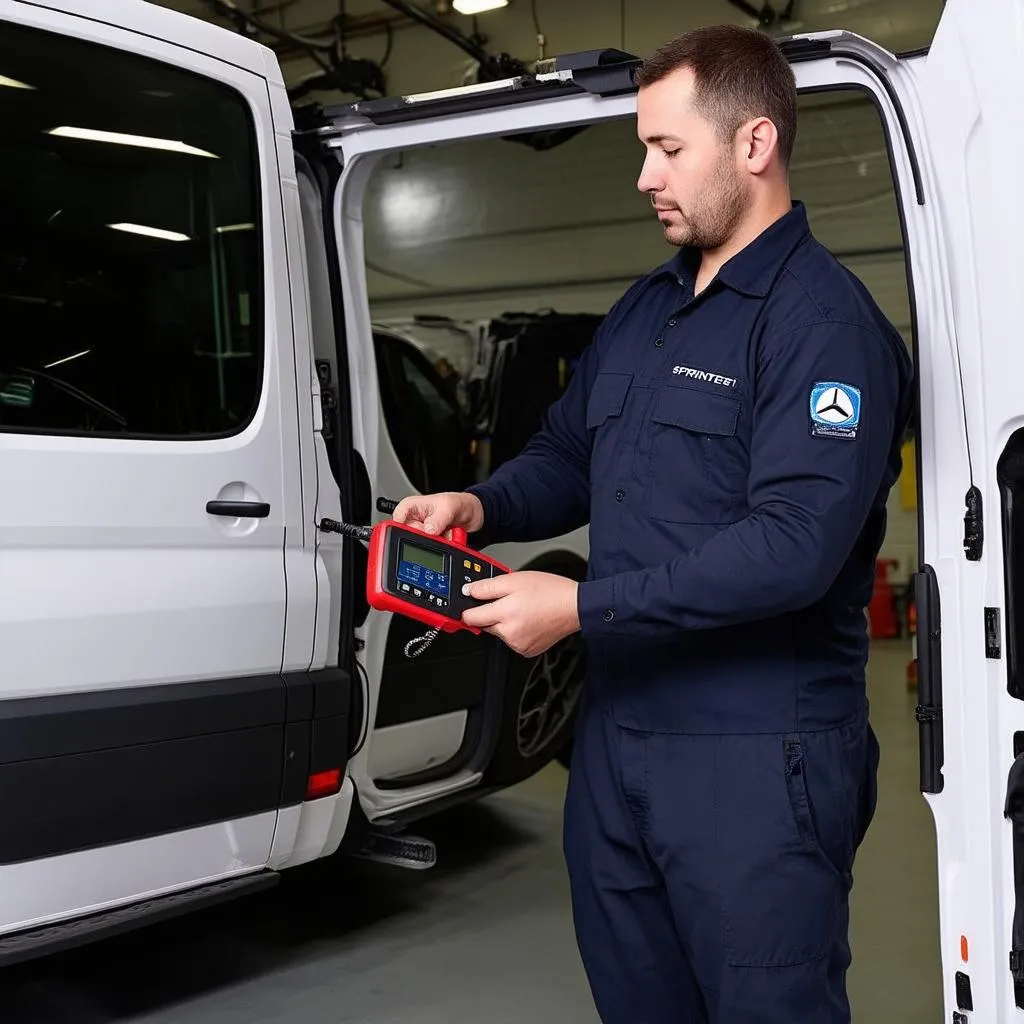 Mechanic Connecting Diagnostic Tool to Sprinter