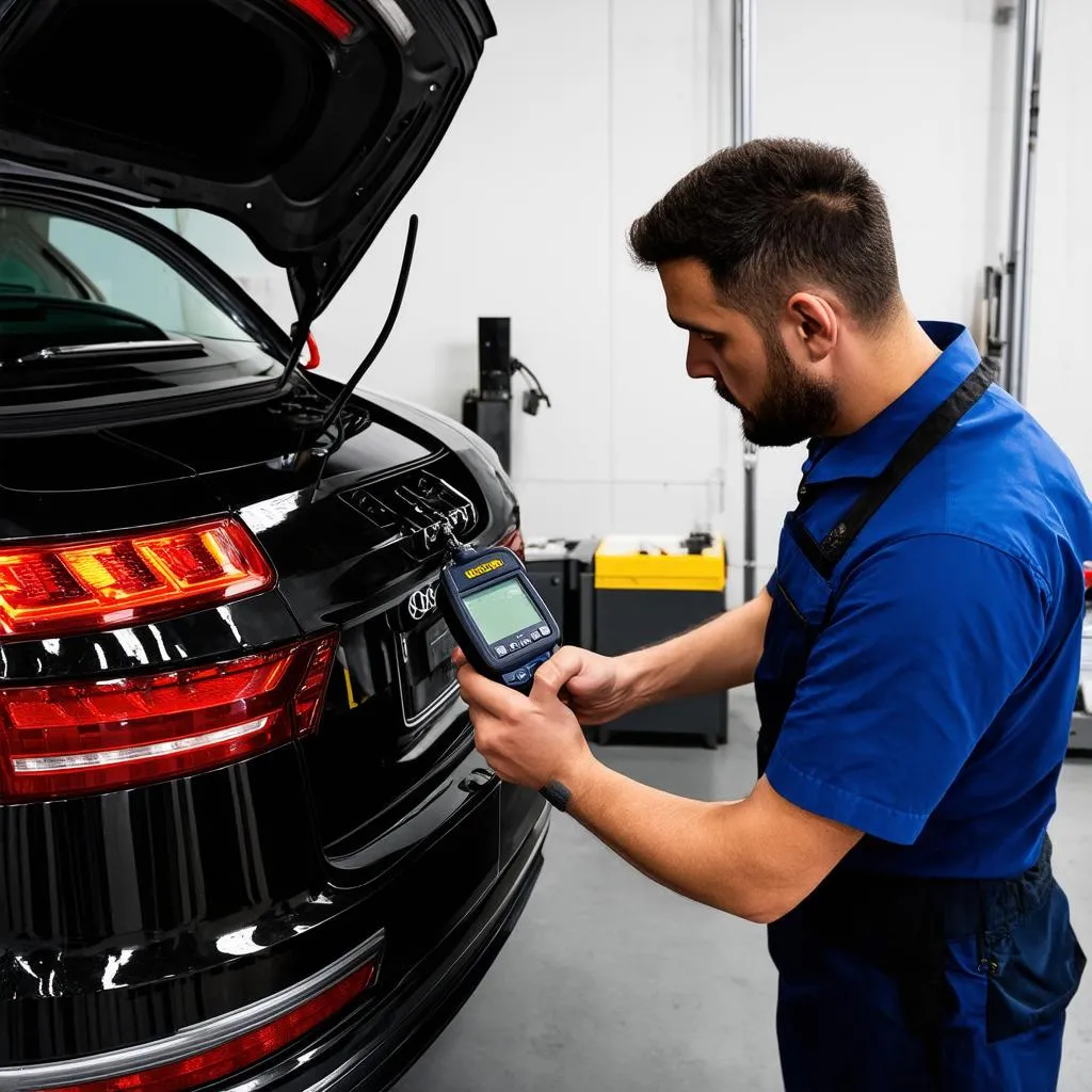 Mechanic plugging in a diagnostic scanner to an Audi Q7