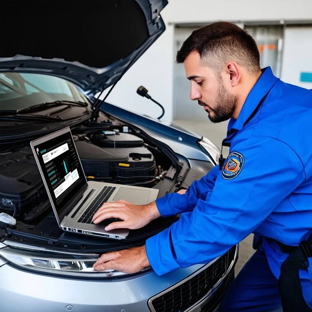 Mechanic Using Laptop for Car Diagnostics