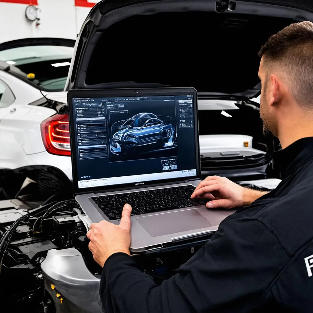 Mechanic Using Laptop for Mercedes Diagnostics