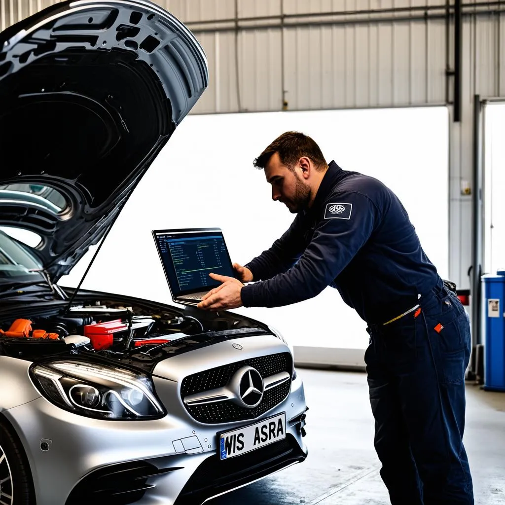 Mechanic Using Laptop with WIS/ASRA in Garage