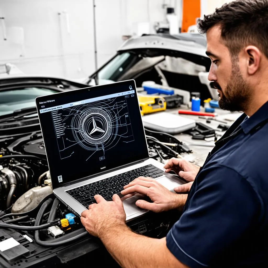 Mechanic Diagnosing Car Issue with Mercedes WIS VMware