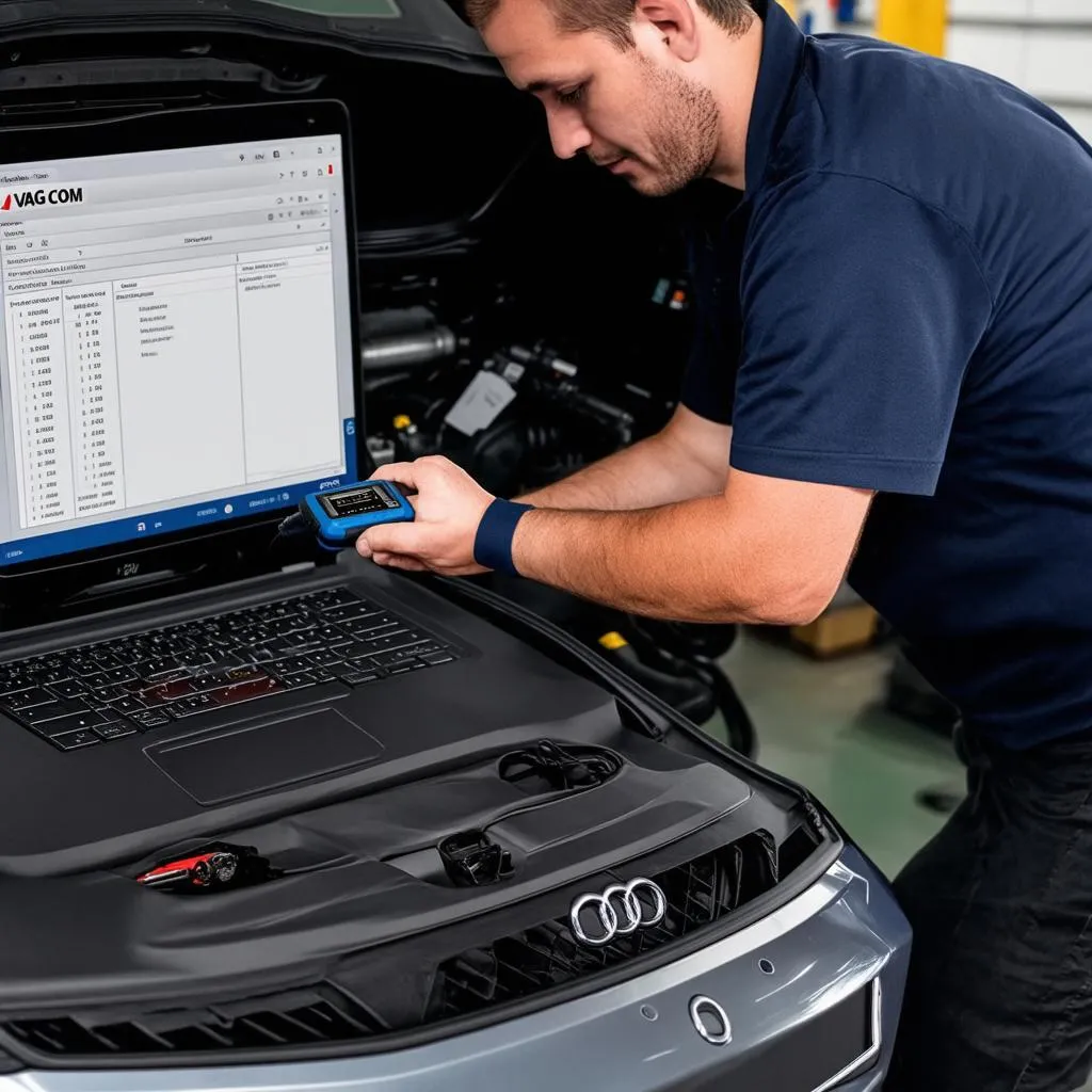 Mechanic using a VAG COM diagnostic tool on an Audi A6 C6