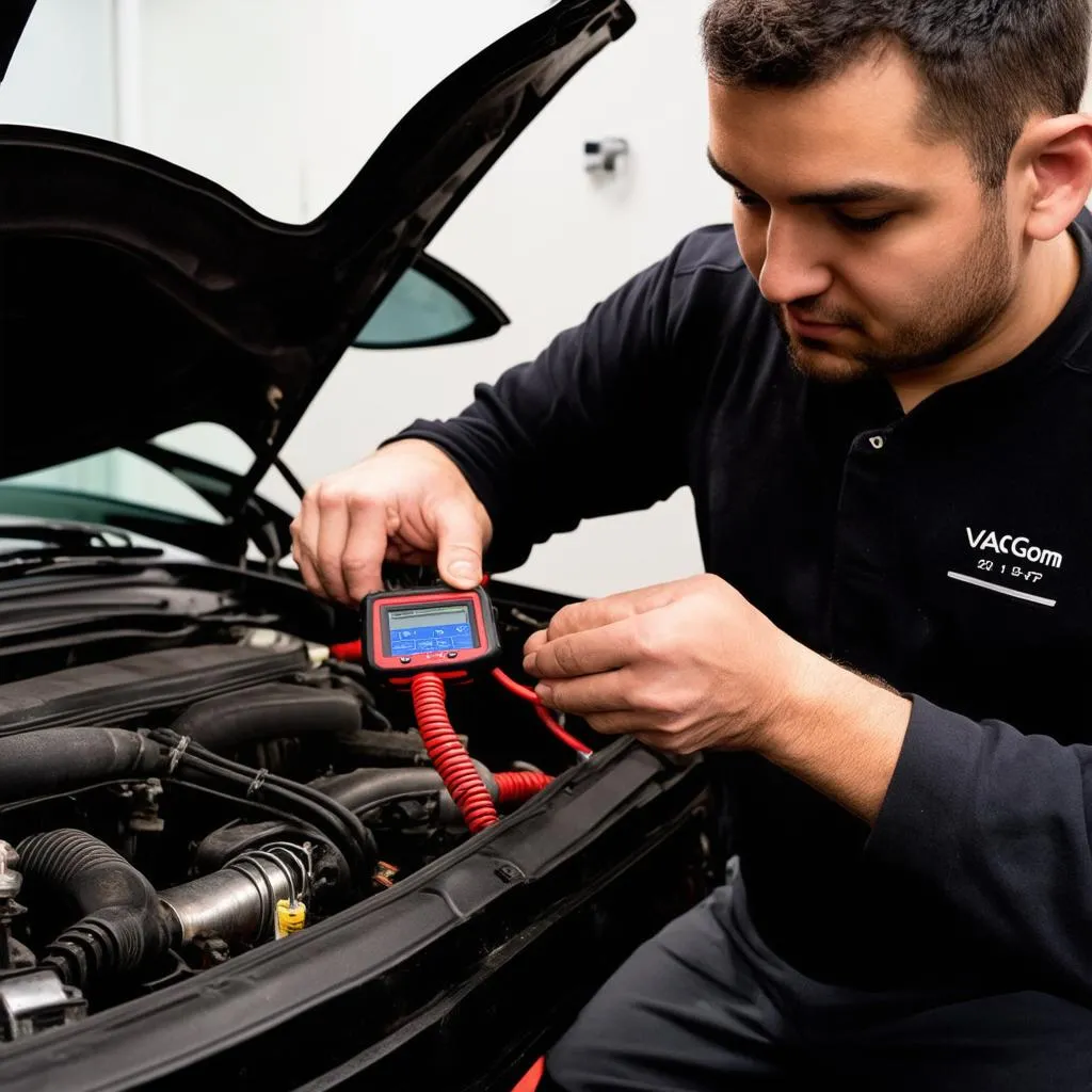 A mechanic using a VAG-COM diagnostic tool on an Audi TT MK1 in a workshop