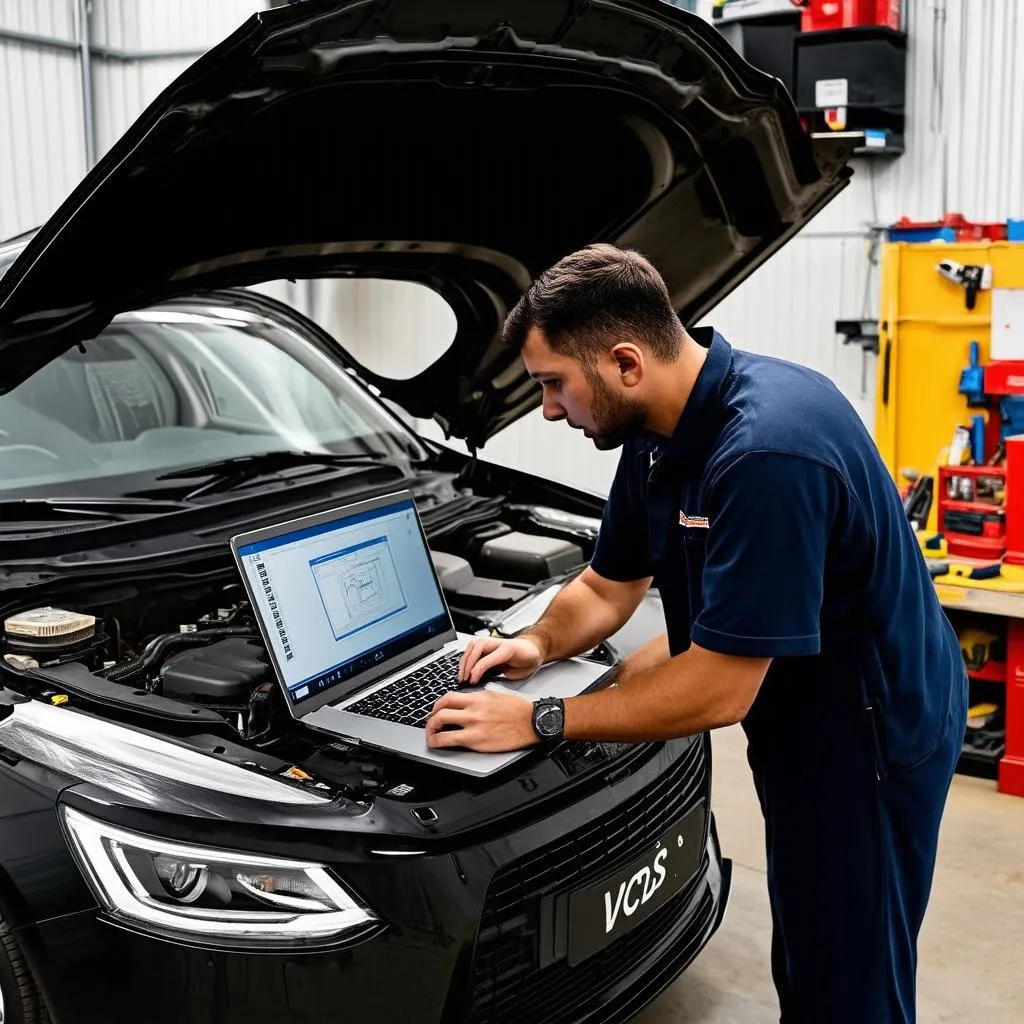 Mechanic using a laptop with VCDS software to diagnose a car