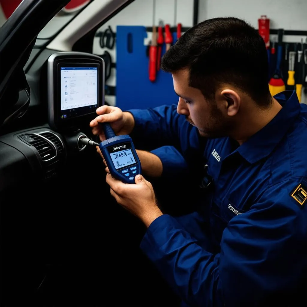 Mechanic using an Xhorse scanner to diagnose a car problem