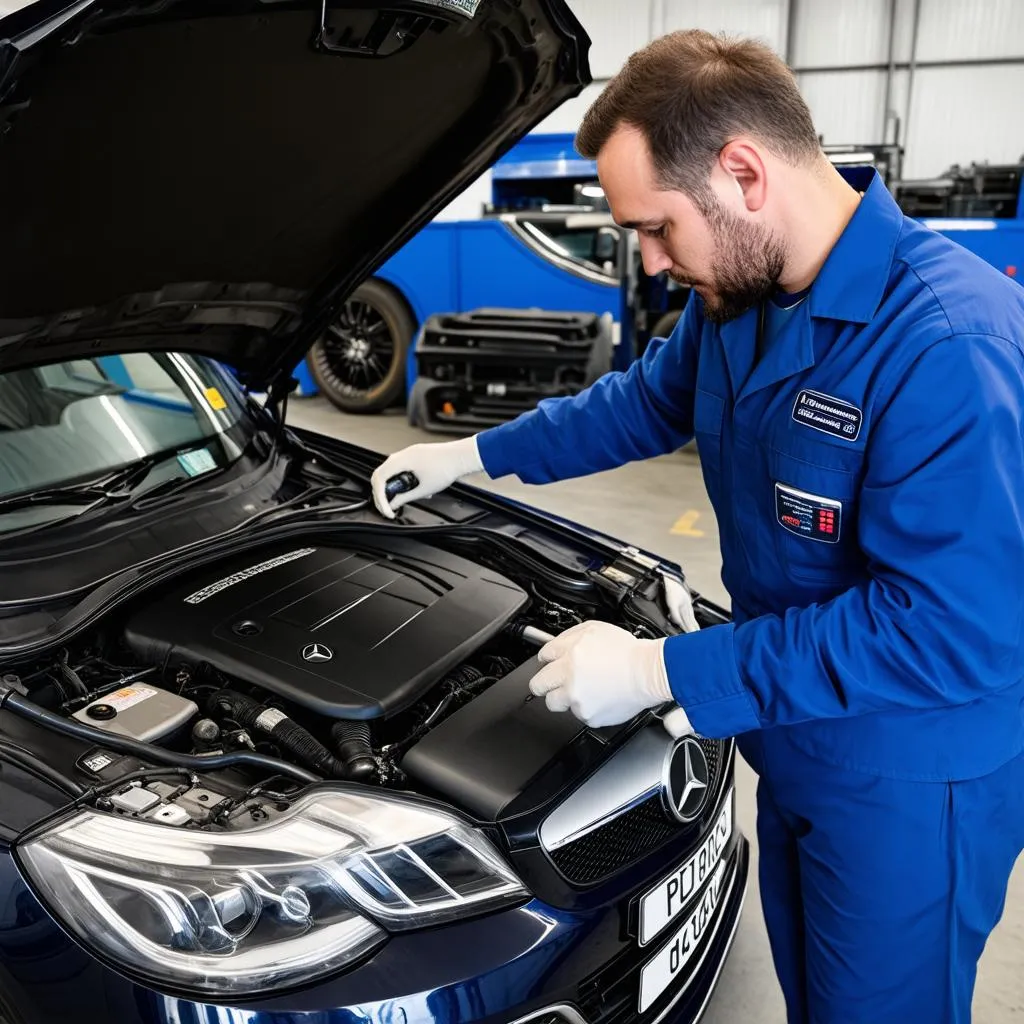 Mechanic working on a Mercedes Engine with a diagnostic tool in the background