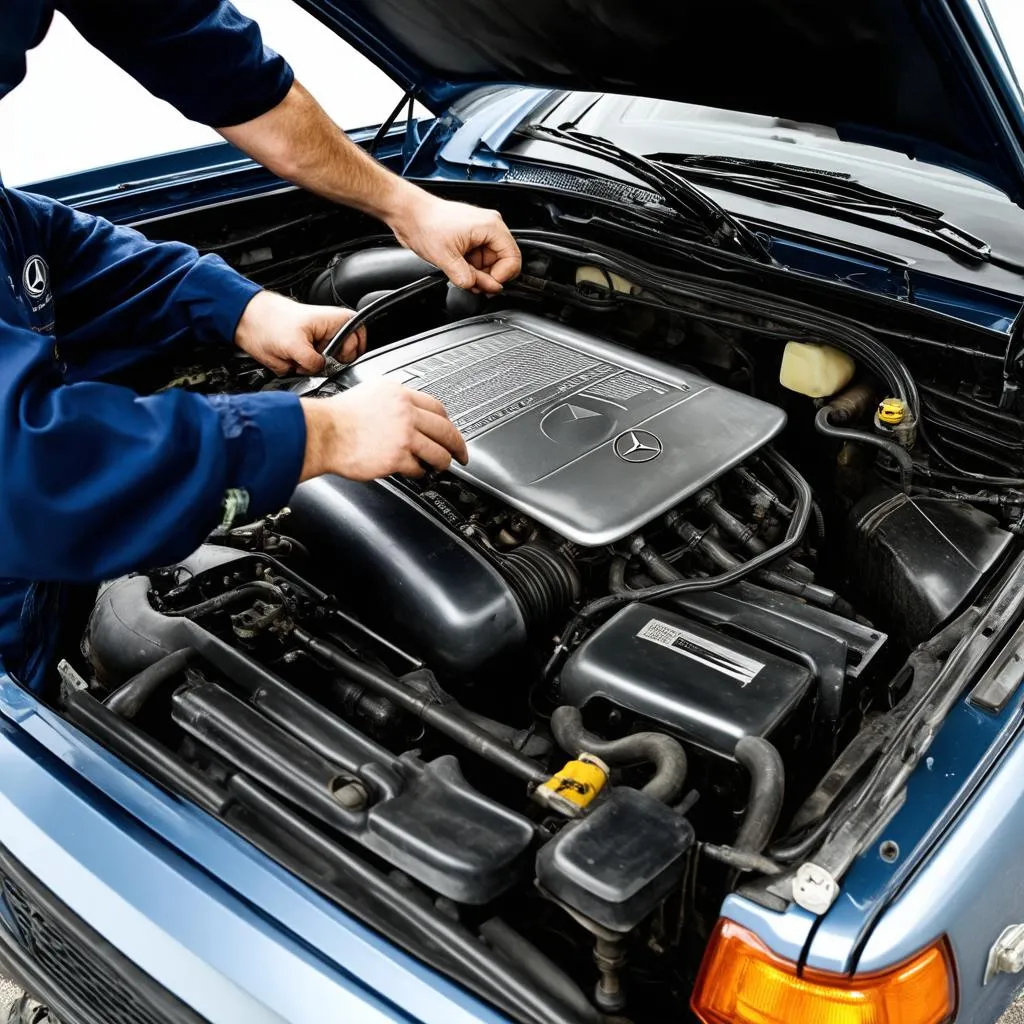 Mechanic Working on Mercedes W124 Engine