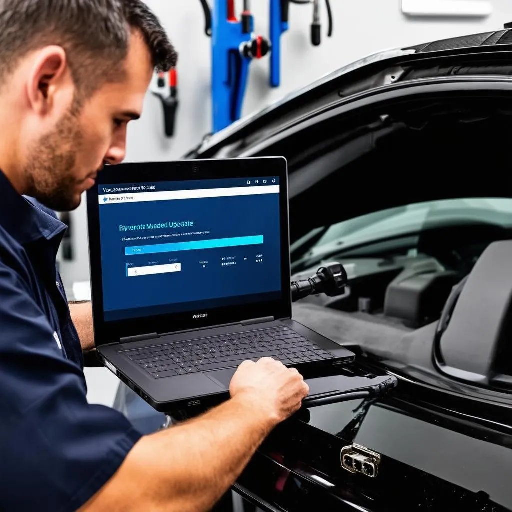 Mechanic using a computer to update car software in a workshop