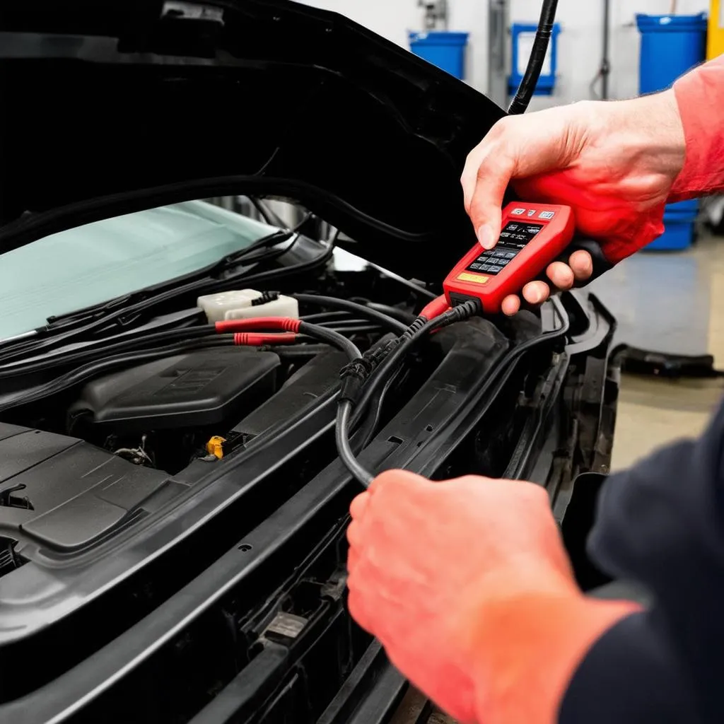 Mechanic plugging a VCDS cable into a car's OBD-II port