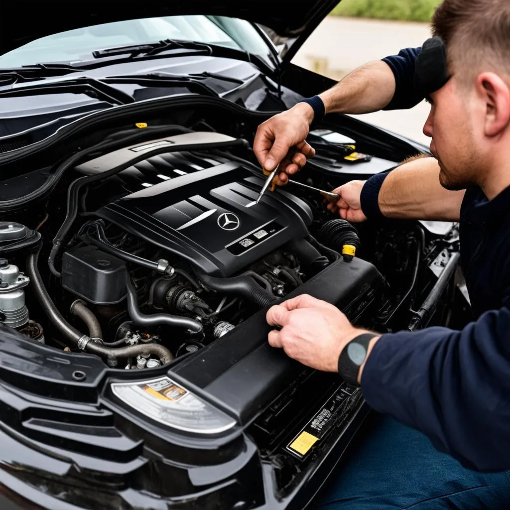 Mechanic working on a Mercedes Benz engine