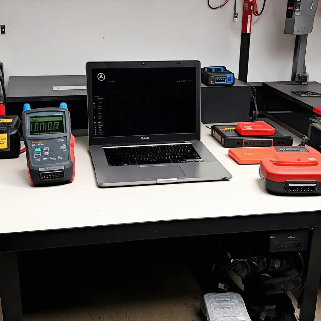 Modern Mercedes diagnostic tools in a repair shop