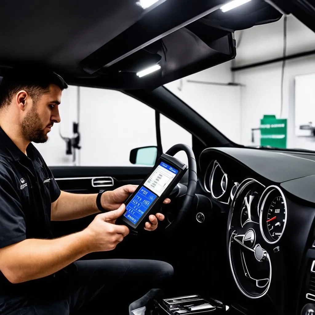 Mercedes-Benz Mechanic Using Diagnostic Tool