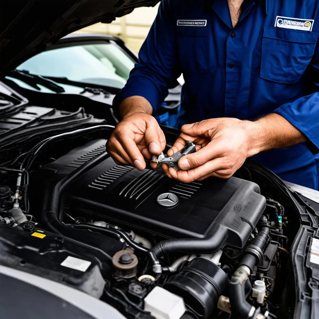 Skilled mechanic inspecting a Mercedes engine