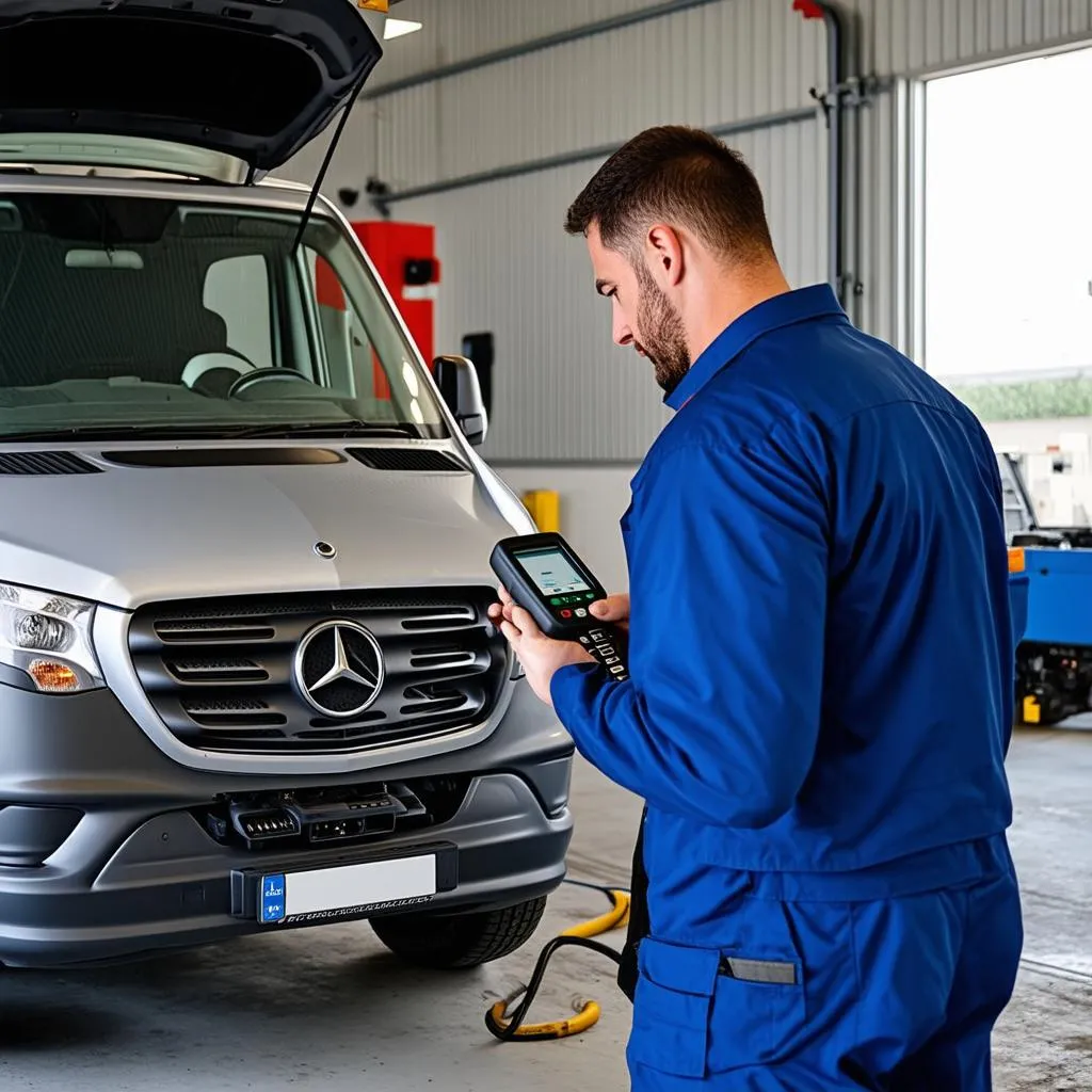 Mechanic using a scan tool on a Mercedes Sprinter van