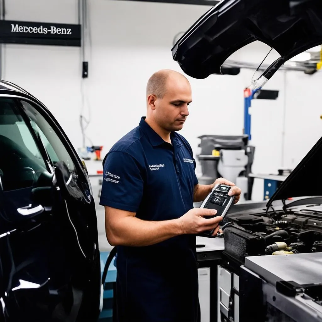 Mercedes Benz Technician Using Diagnostic Tool