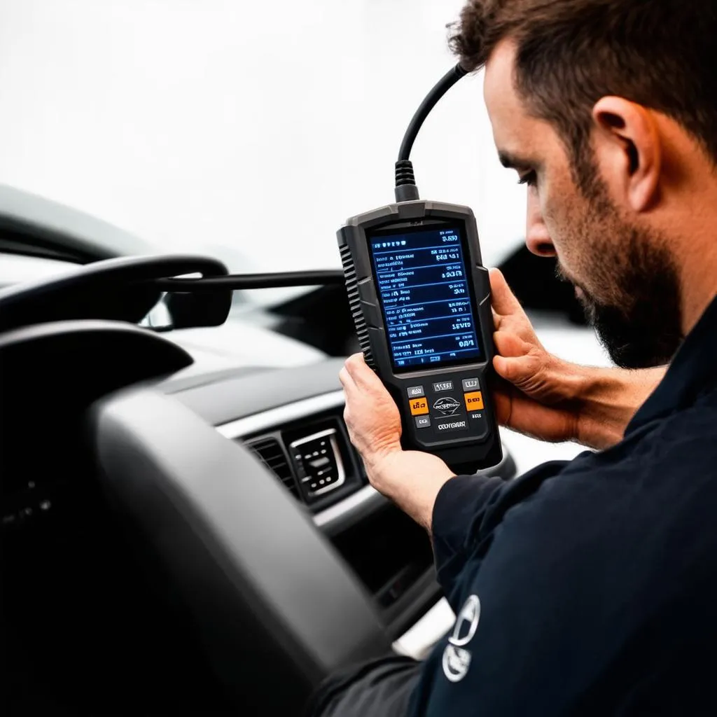 Mechanic using a diagnostic tool on a Mercedes-Benz