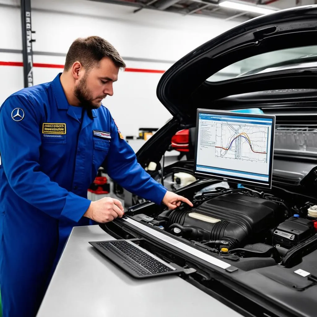 Mechanic using Mercedes Benz parts software