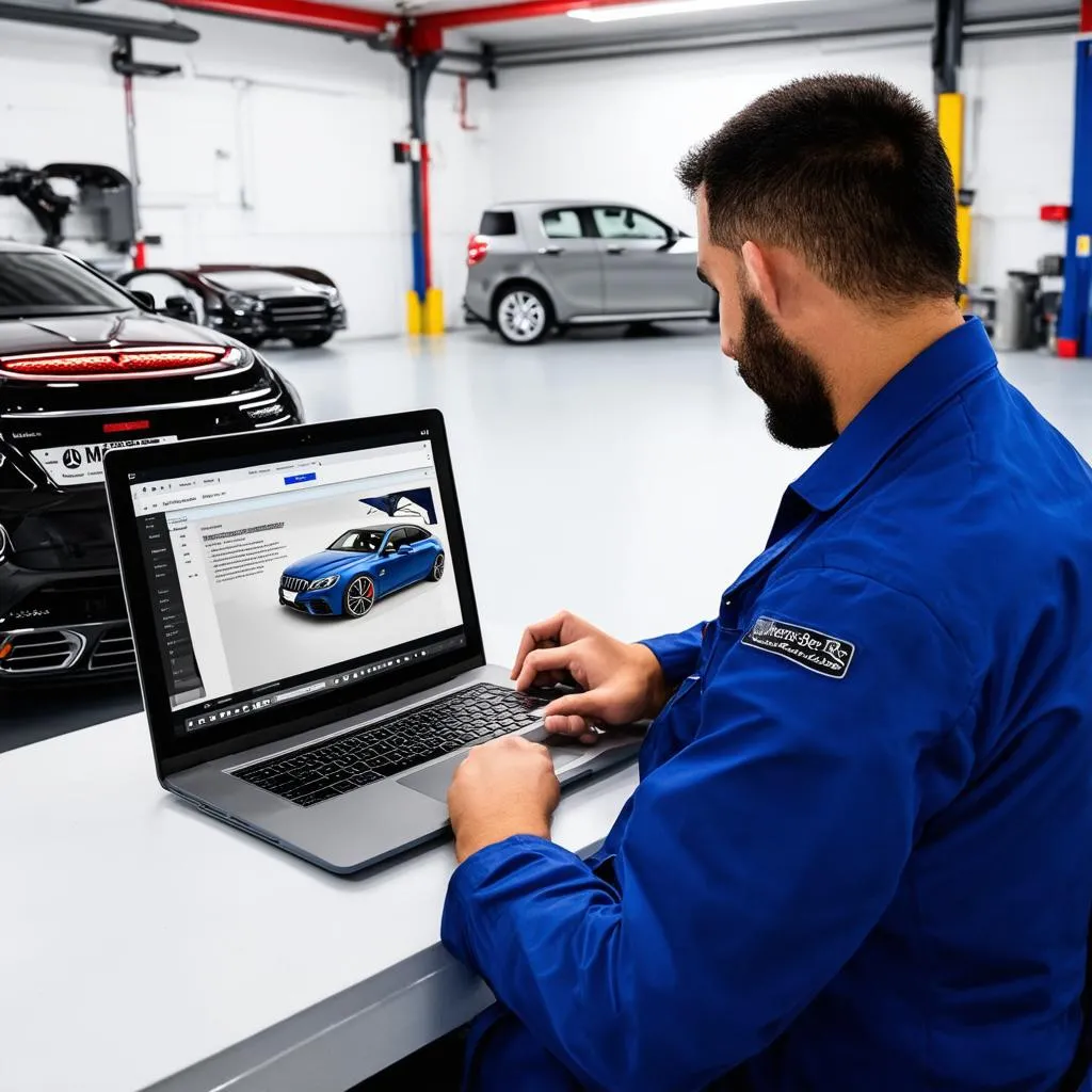 Mechanic using online Mercedes Benz parts software