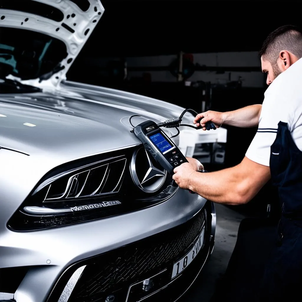 Mechanic Connecting a Diagnostic Tool to a Mercedes