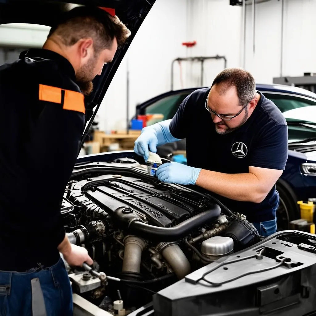 Mercedes-Benz mechanic using specialized tools