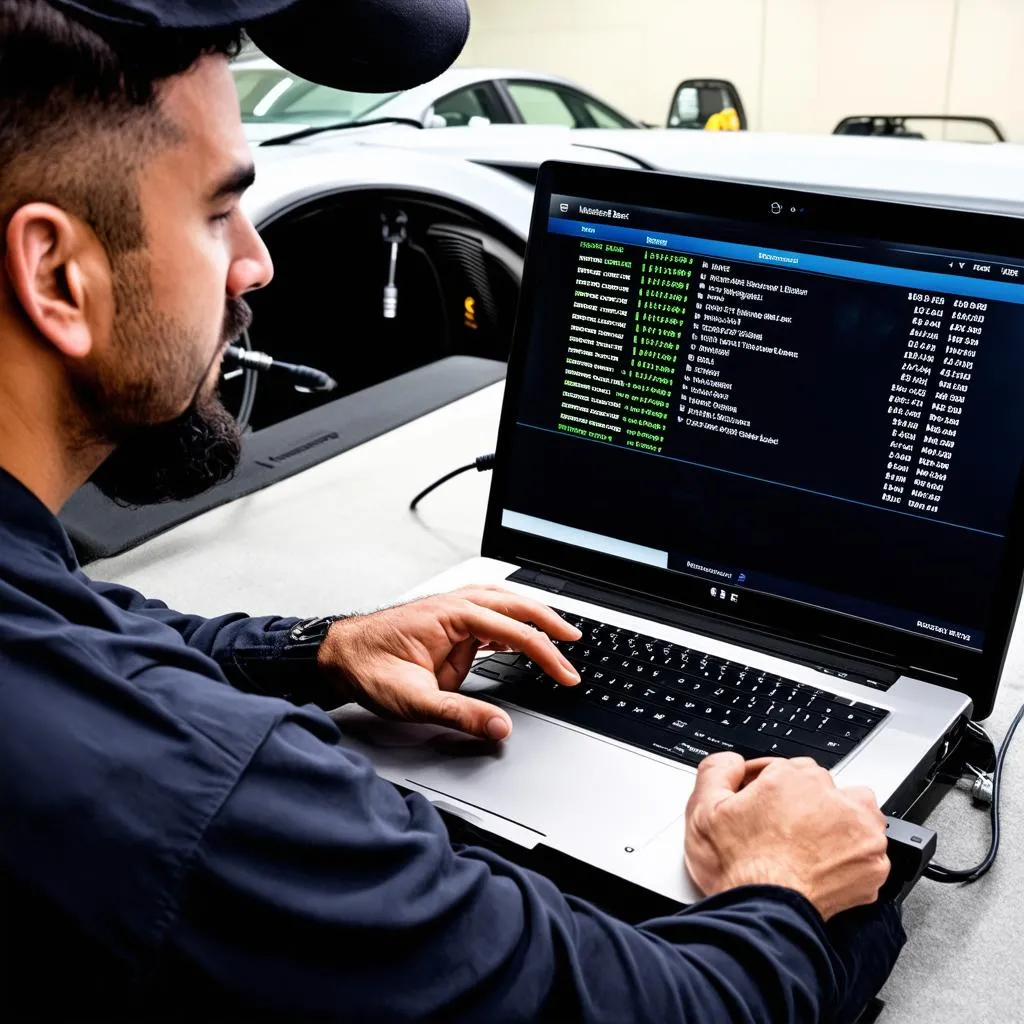 Mercedes Mechanic Using Laptop