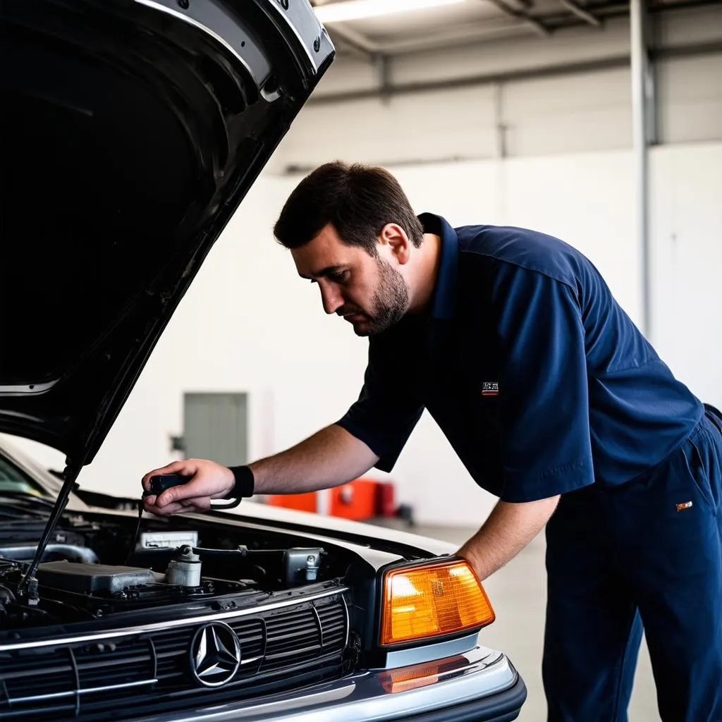 Mechanic Diagnosing Mercedes 190E