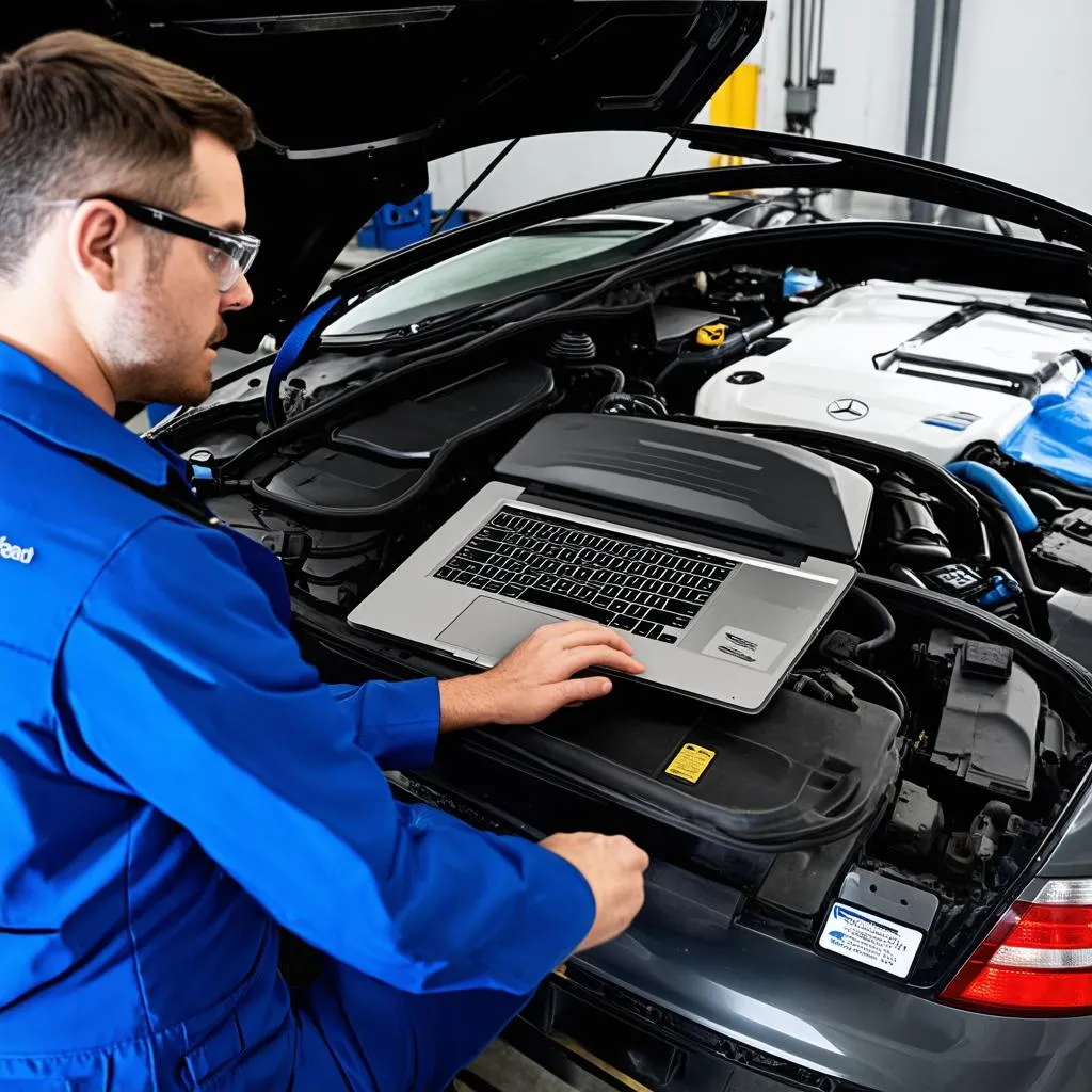 Mercedes Mechanic Using Diagnostic Equipment