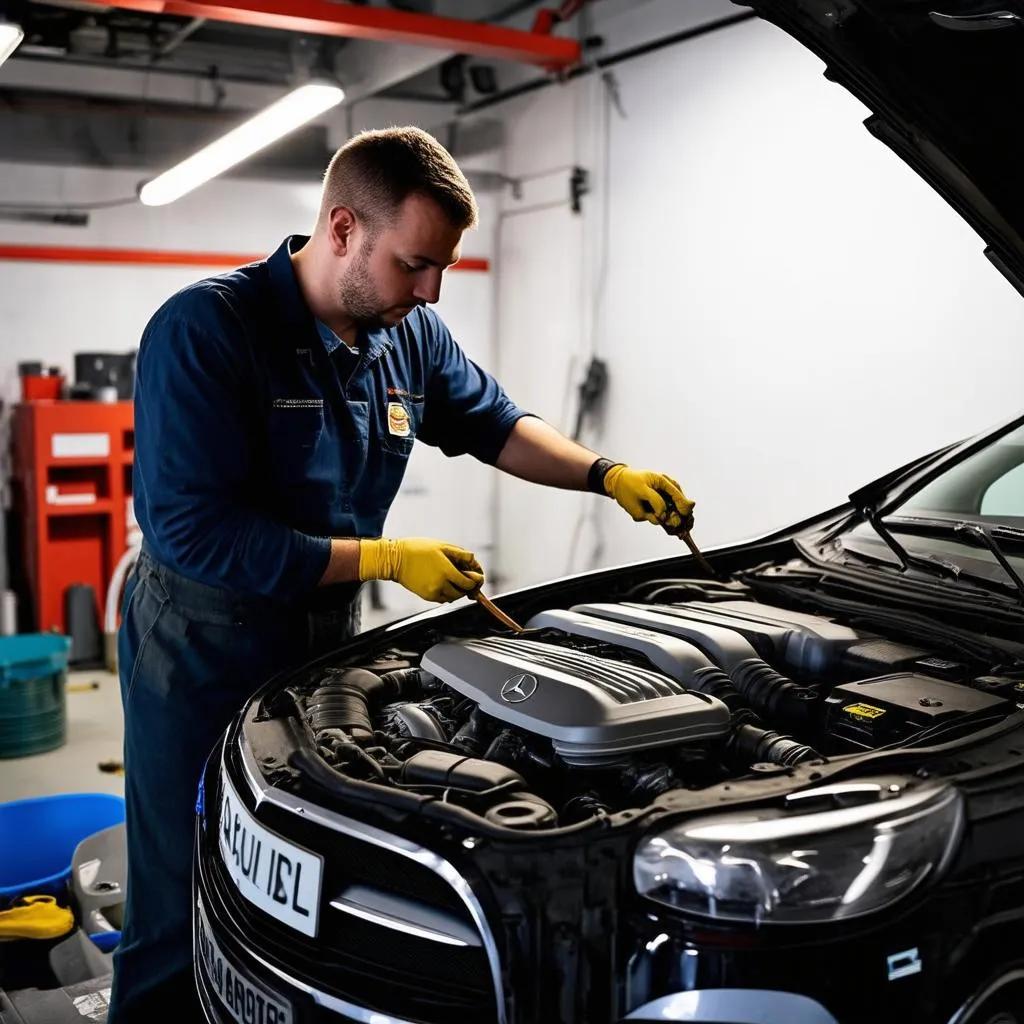 Mercedes Mechanic Working on Engine