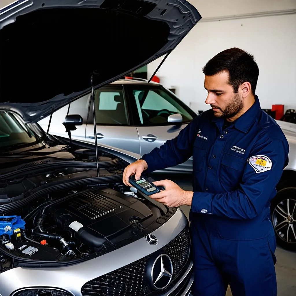 Experienced Mercedes Mechanic Examining Under the Hood