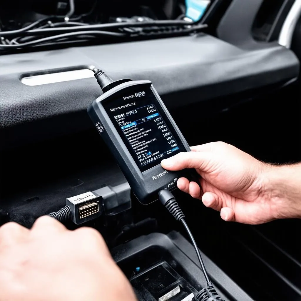 Mechanic connecting an OBD Scanner to a Mercedes