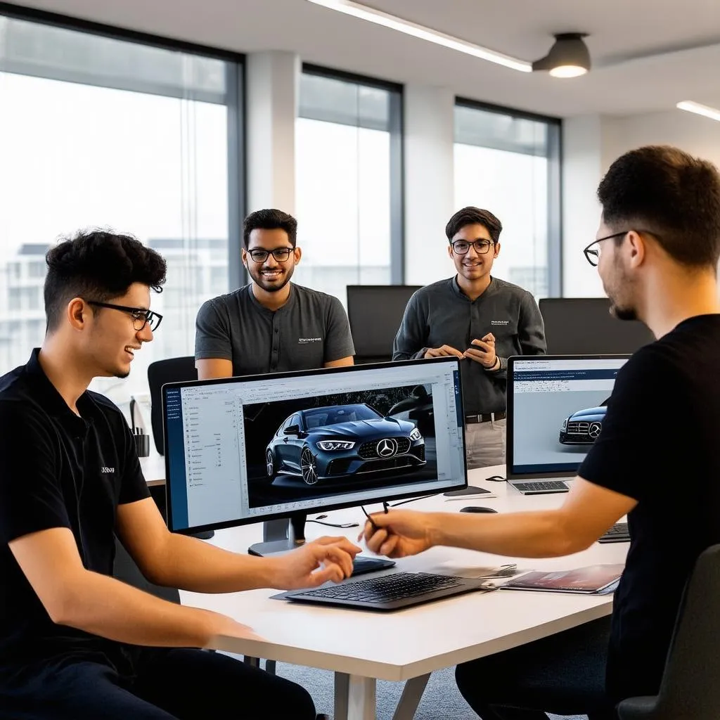 A diverse team of software developers working together on a project related to a Mercedes-Benz car in a modern office space