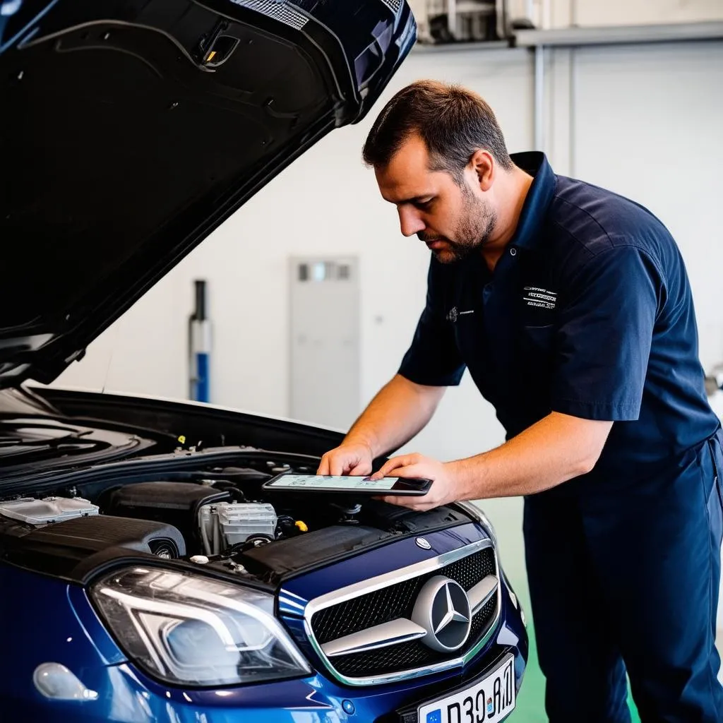 Mechanic Using Software to Diagnose Mercedes