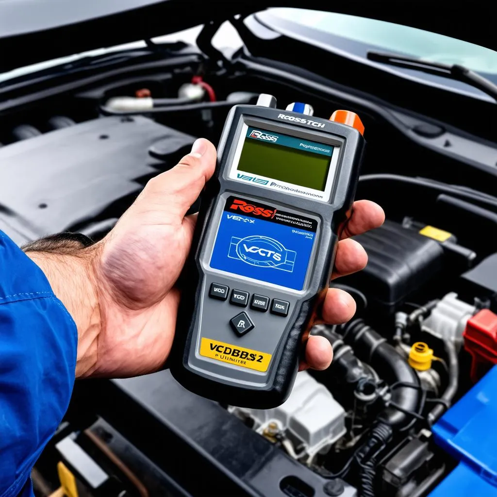 mechanic holding the Ross-Tech VCDS HEX-V2 Professional Unlimited diagnostic tool