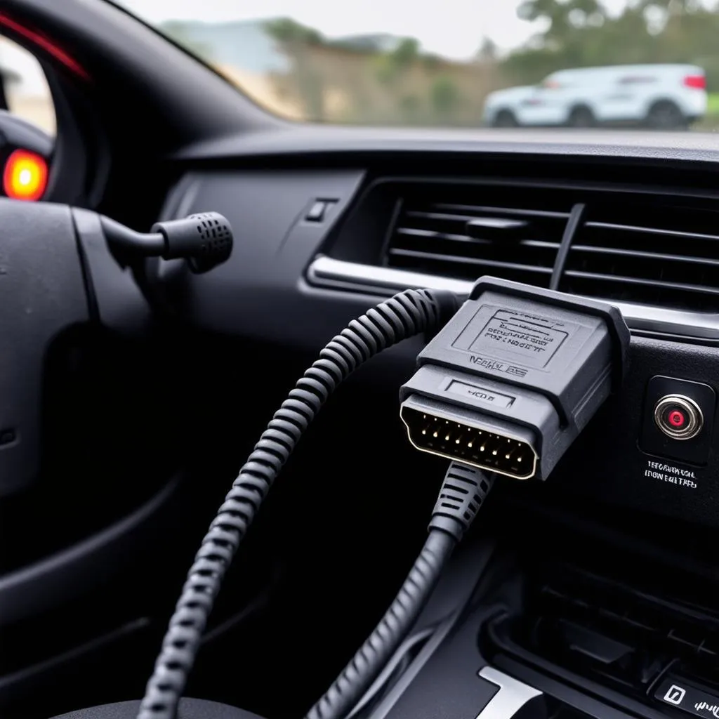 VCDS cable connected to a car's OBD-II port