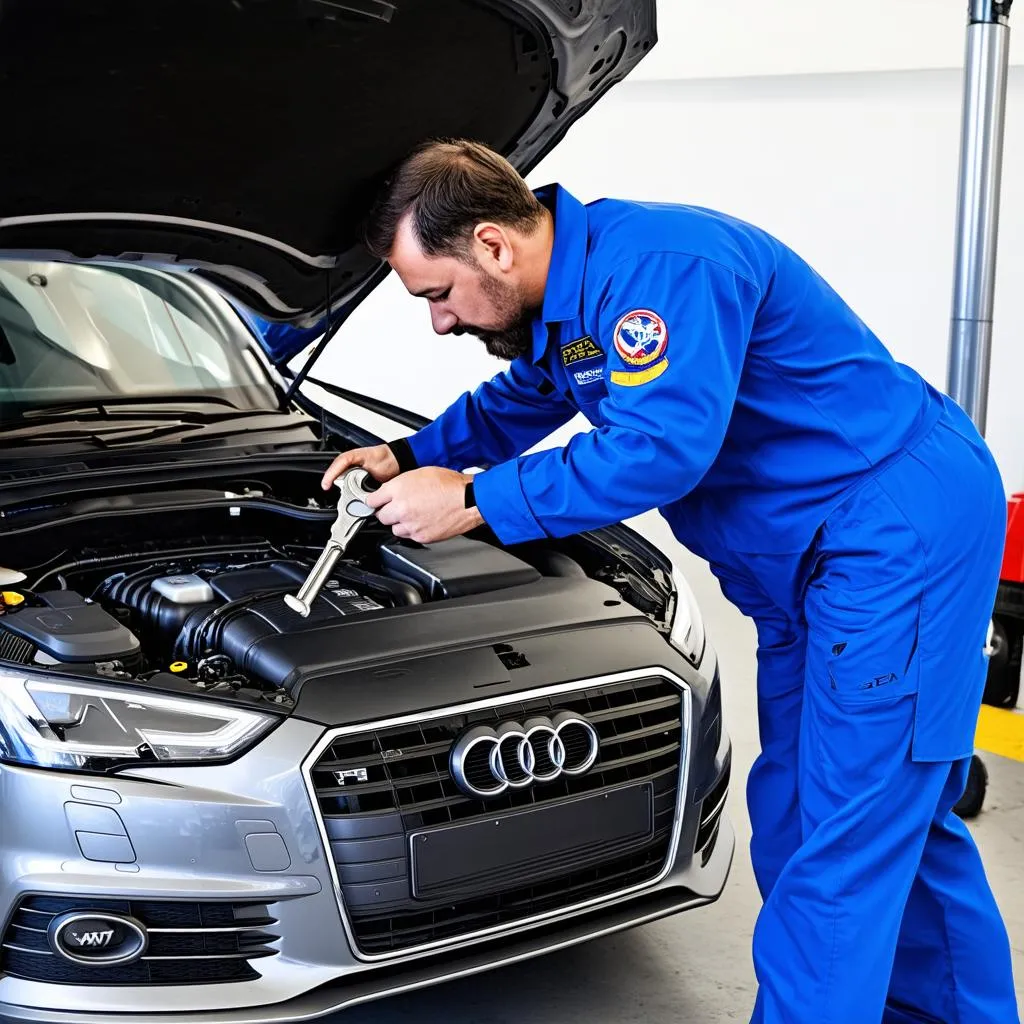 Mechanic working on the engine bay of an Audi A4 B5